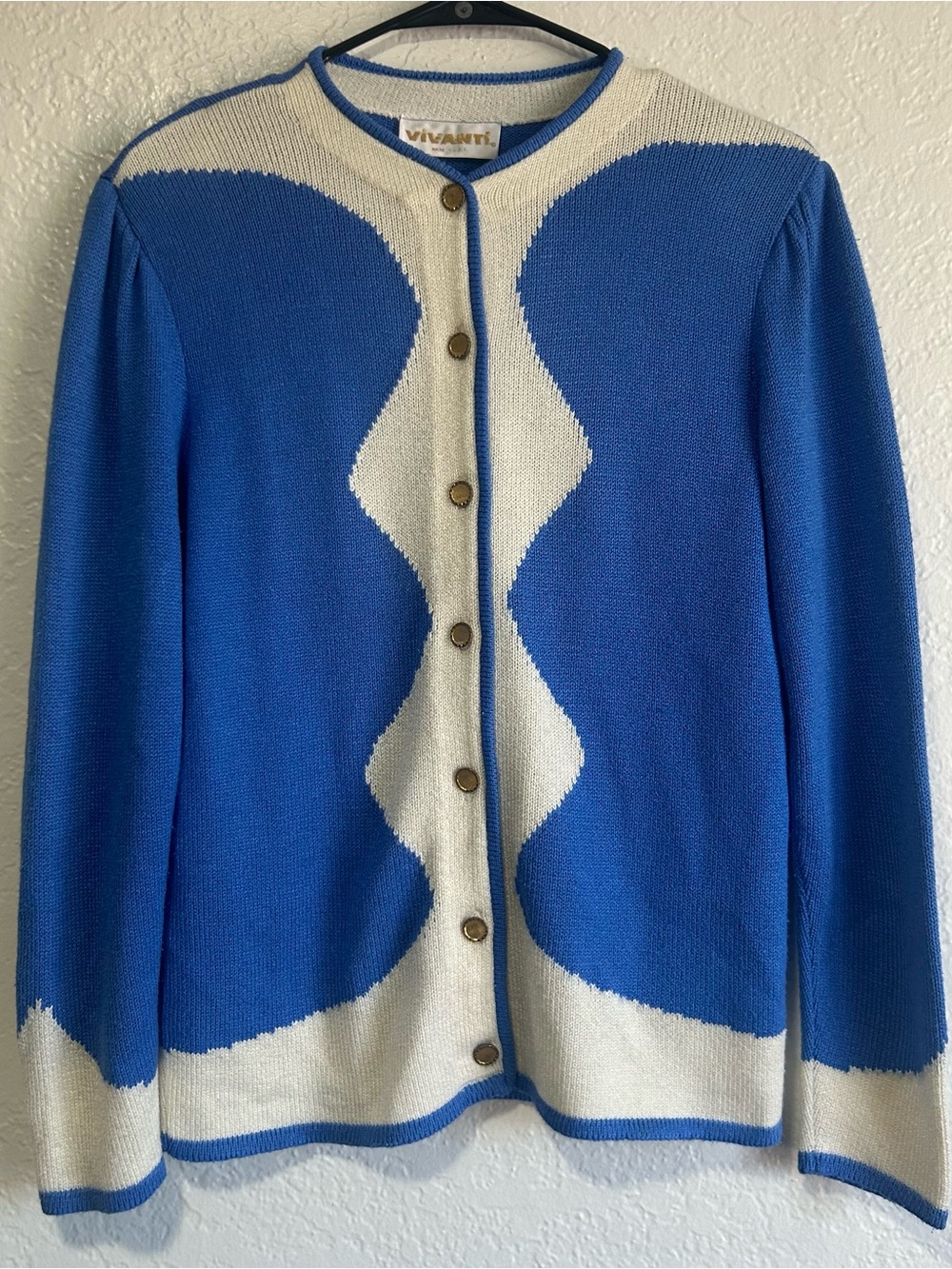 Vintage Vivanti Blue and White Wave-Pattern Cardigan Sweater